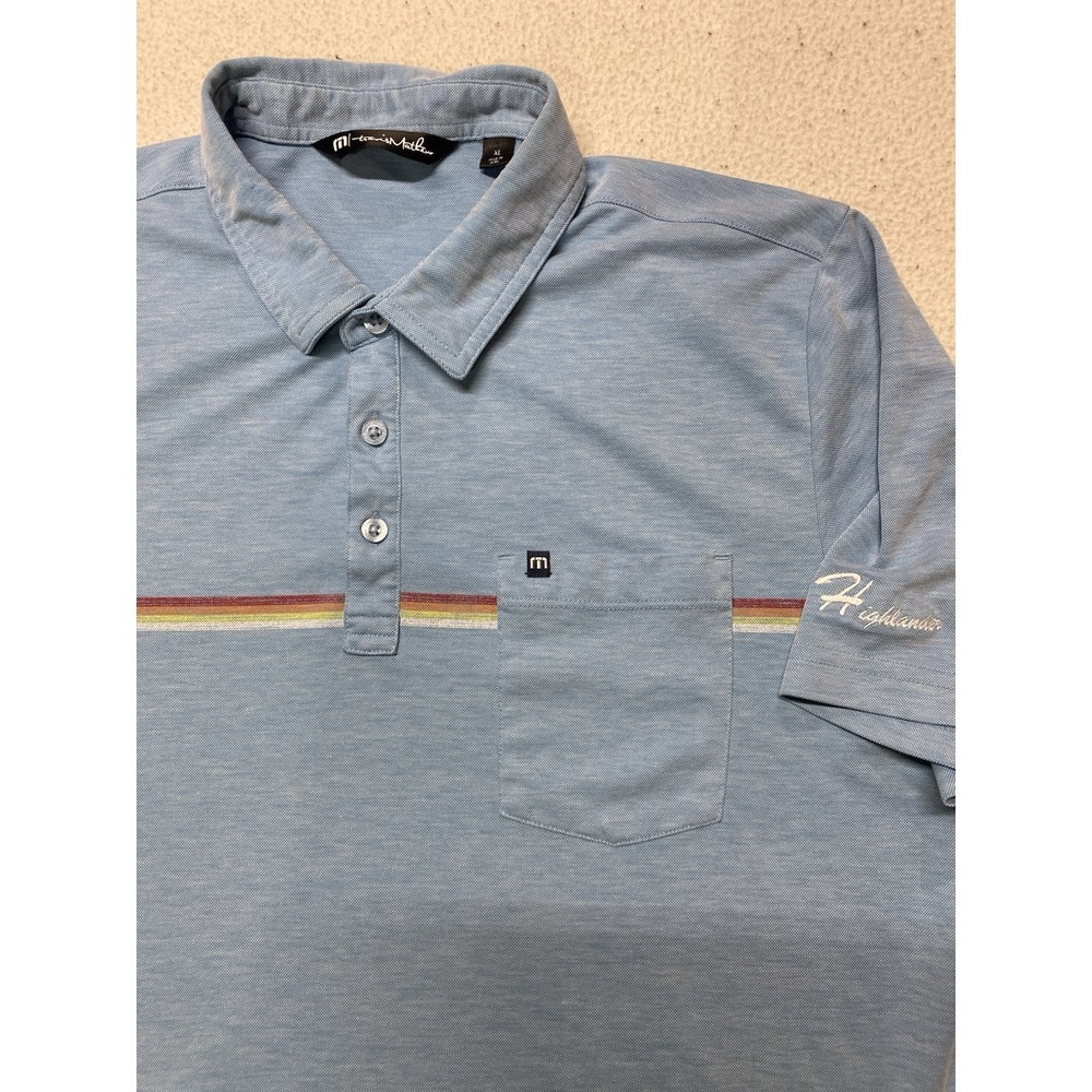 Travis Mathew Tour Guide Polo Shirt Mens XL Sky Blue W/ Rainbow Pima Cotton Golf